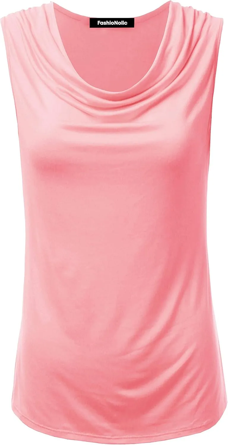 Women's Cowl Neck Ruched Draped Sleeveless Stretchy Blouse Casual Tank Top (Made in USA)