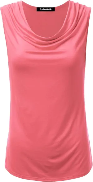 Women's Cowl Neck Ruched Draped Sleeveless Stretchy Blouse Casual Tank Top (Made in USA)