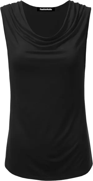 Women's Cowl Neck Ruched Draped Sleeveless Stretchy Blouse Casual Tank Top (Made in USA)