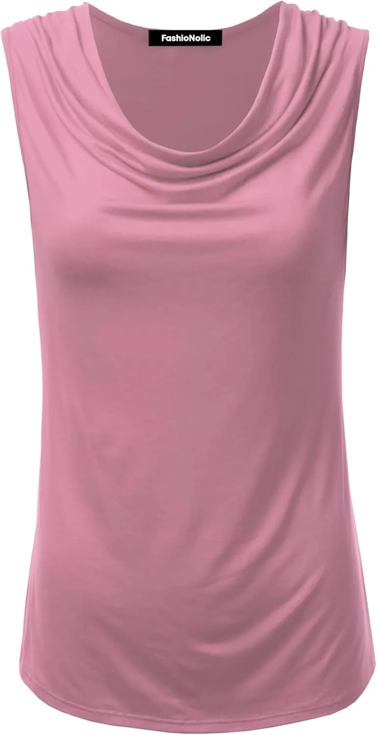 Women's Cowl Neck Ruched Draped Sleeveless Stretchy Blouse Casual Tank Top (Made in USA)