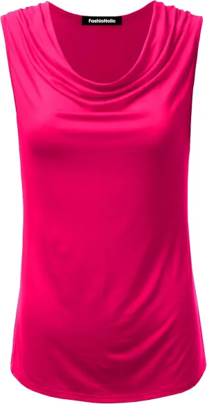 Women's Cowl Neck Ruched Draped Sleeveless Stretchy Blouse Casual Tank Top (Made in USA)