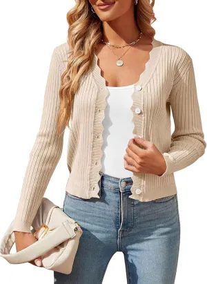 Womens Cropped Cardigan Knit Shrugs Dresses Tops Button Down Long Sleeve Open Front Knit Sweaters