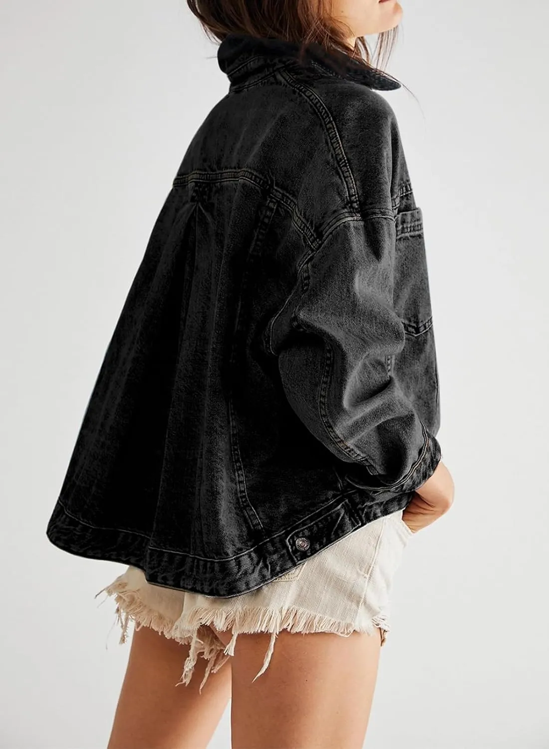 Women's Denim Jacket Long Sleeve Oversized Button Down Jean Coat Fall Casual Work Shacket with Chest Pockets