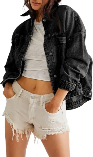 Women's Denim Jacket Long Sleeve Oversized Button Down Jean Coat Fall Casual Work Shacket with Chest Pockets
