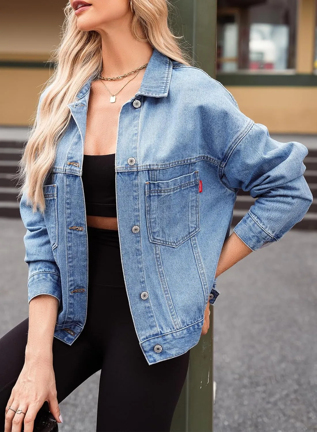 Women's Denim Jacket Long Sleeve Oversized Button Down Jean Coat Fall Casual Work Shacket with Chest Pockets