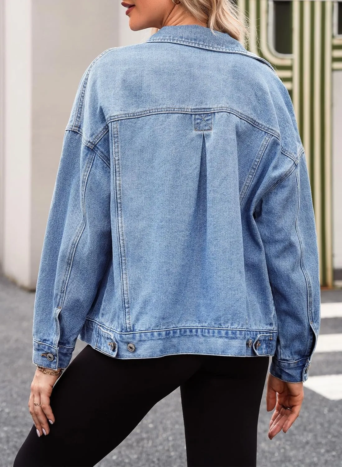 Women's Denim Jacket Long Sleeve Oversized Button Down Jean Coat Fall Casual Work Shacket with Chest Pockets