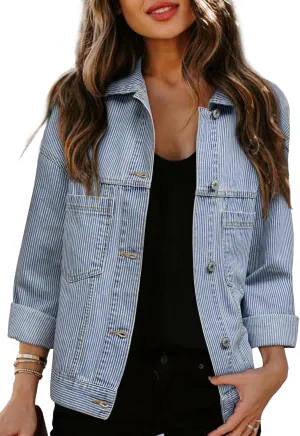 Women's Denim Jacket Long Sleeve Oversized Button Down Jean Coat Fall Casual Work Shacket with Chest Pockets
