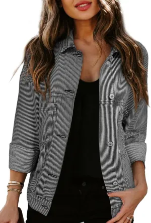 Women's Denim Jacket Long Sleeve Oversized Button Down Jean Coat Fall Casual Work Shacket with Chest Pockets