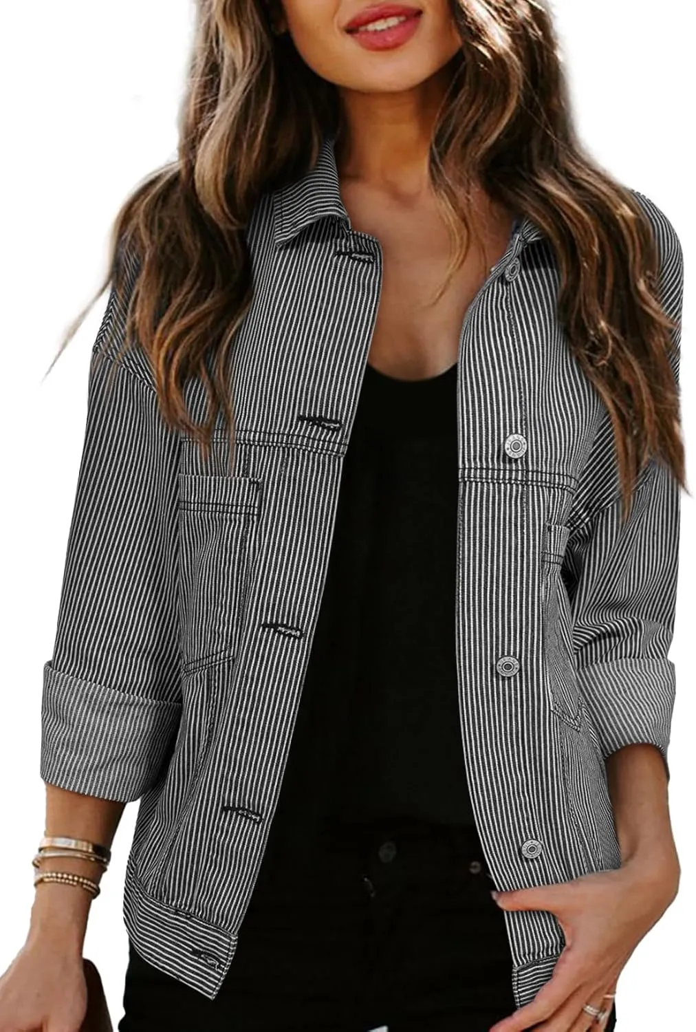 Women's Denim Jacket Long Sleeve Oversized Button Down Jean Coat Fall Casual Work Shacket with Chest Pockets