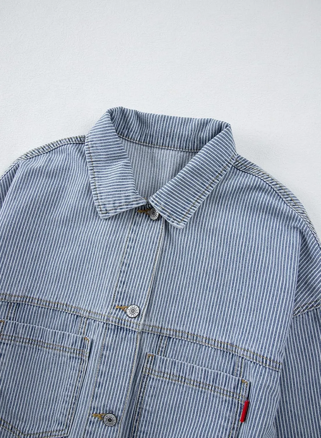 Women's Denim Jacket Long Sleeve Oversized Button Down Jean Coat Fall Casual Work Shacket with Chest Pockets