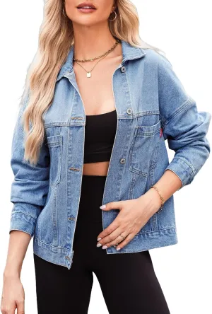 Women's Denim Jacket Long Sleeve Oversized Button Down Jean Coat Fall Casual Work Shacket with Chest Pockets