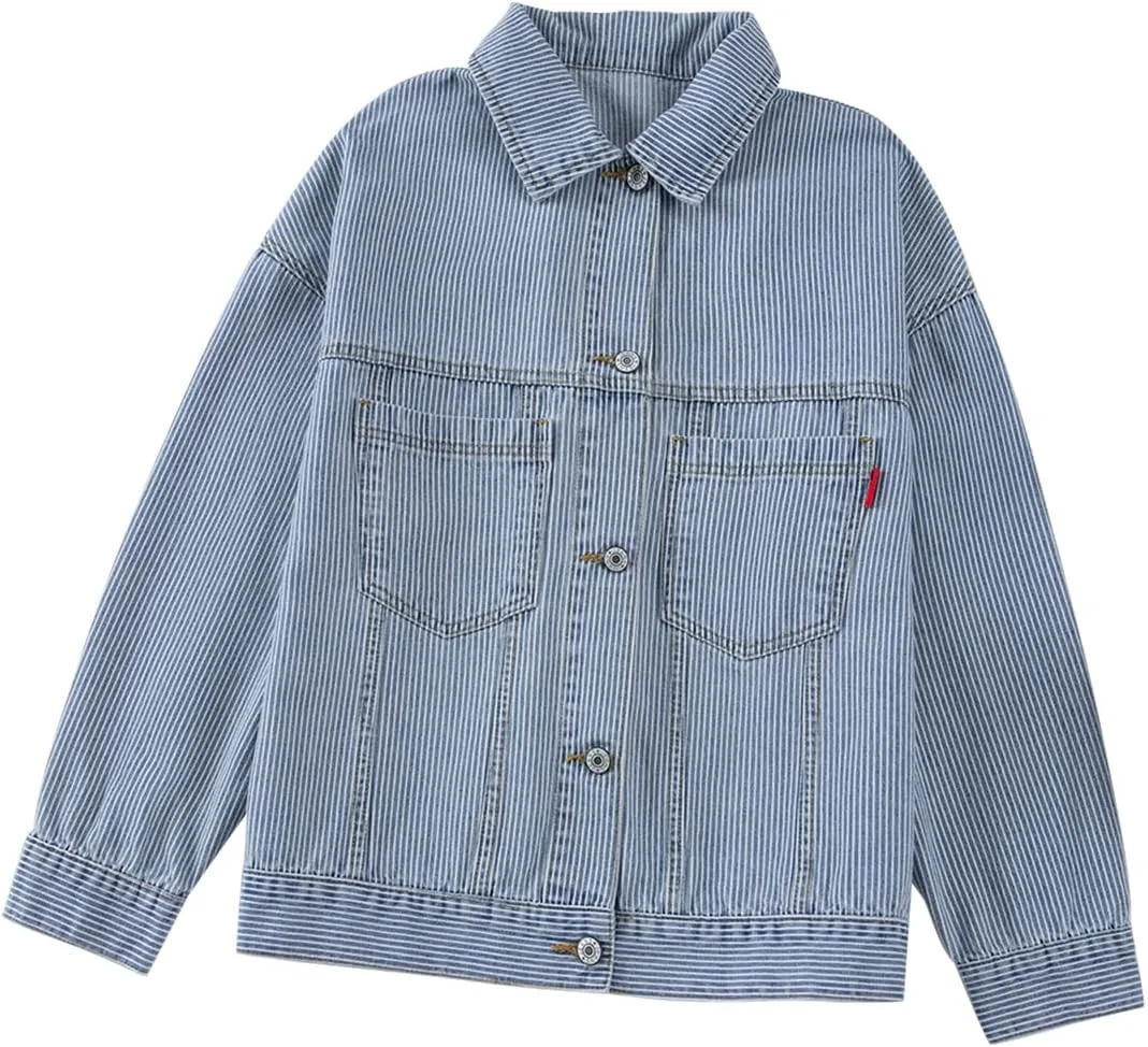 Women's Denim Jacket Long Sleeve Oversized Button Down Jean Coat Fall Casual Work Shacket with Chest Pockets