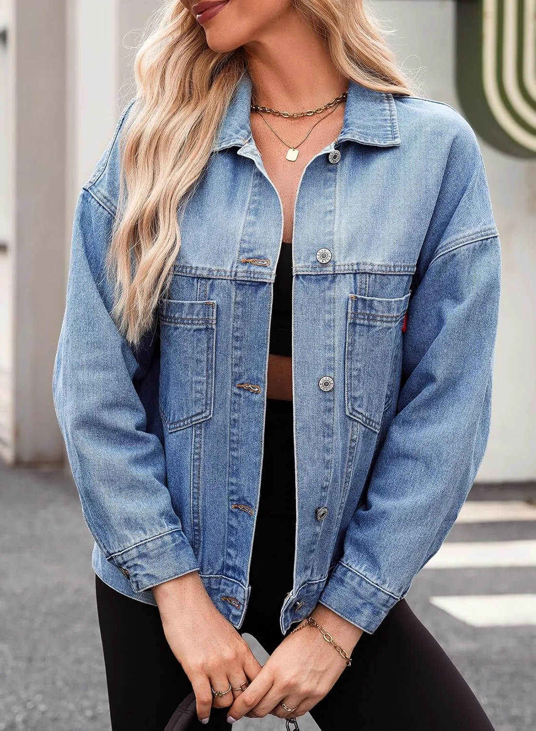 Women's Denim Jacket Long Sleeve Oversized Button Down Jean Coat Fall Casual Work Shacket with Chest Pockets