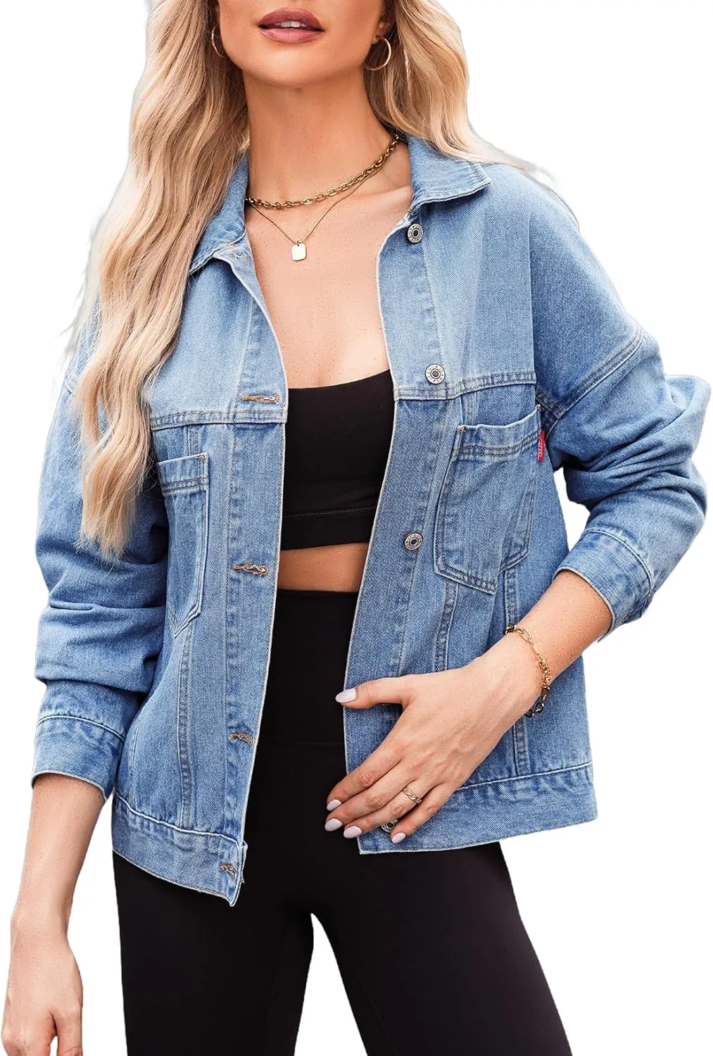 Women's Denim Jacket Long Sleeve Oversized Button Down Jean Coat Fall Casual Work Shacket with Chest Pockets