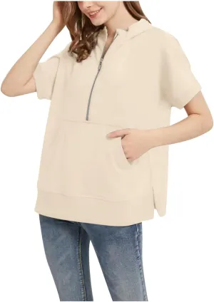 Women's Fashion Casual Solid Casual Short Sleeved Hoodie Top Tunic Jacket (03-Beige, L)