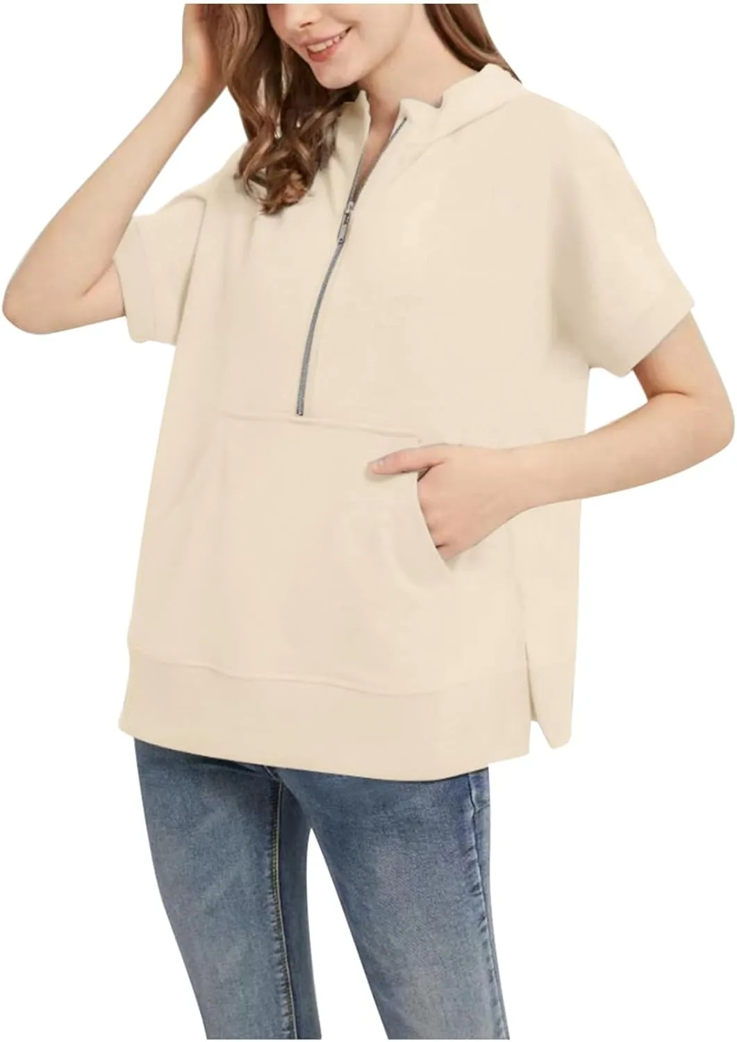 Women's Fashion Casual Solid Casual Short Sleeved Hoodie Top Tunic Jacket (03-Beige, L)