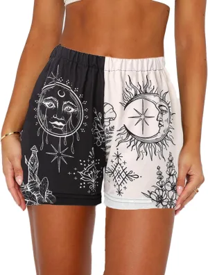 Women's Fashion Printed Jogger Shorts Summer Elastic Waist Color Block Vintage Loose Shorts with Pockets