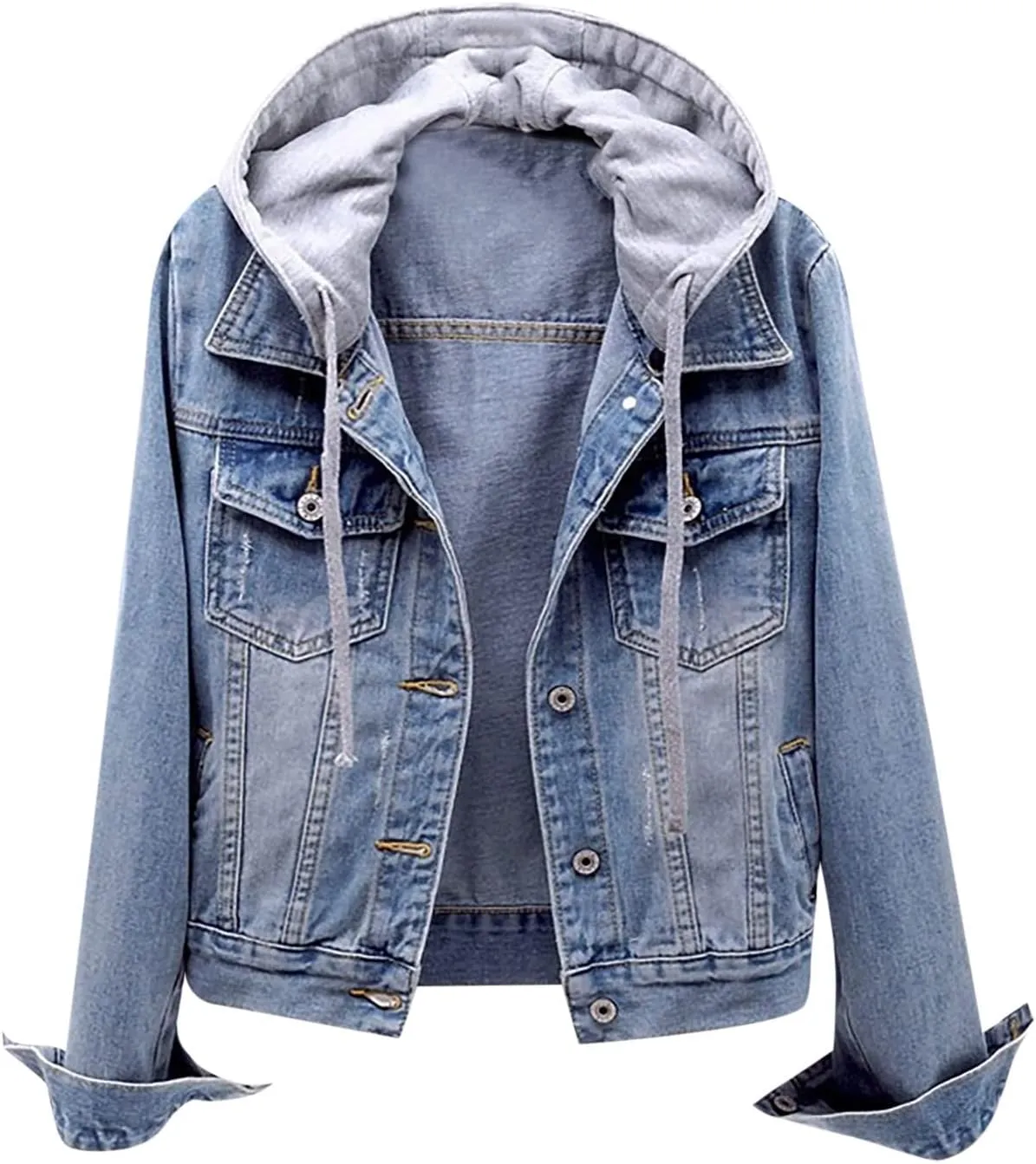 Women's Fleece Lined Denim Jacket Fuzzy Button Long Sleeve Short Coat 2024 Winter Warm Hooded Jean Jacket Outerwear