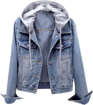 Women's Fleece Lined Denim Jacket Fuzzy Button Long Sleeve Short Coat 2024 Winter Warm Hooded Jean Jacket Outerwear
