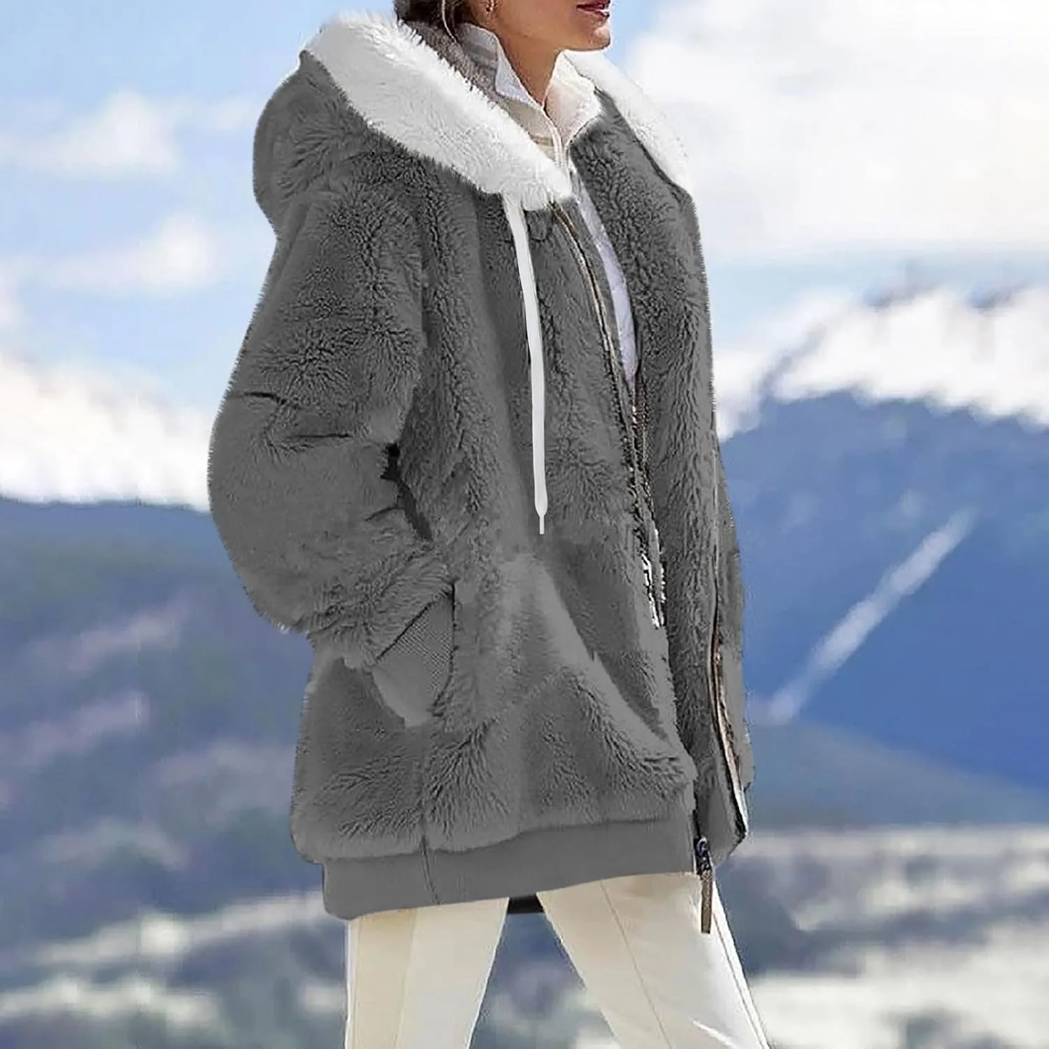 Womens Fuzzy Fleece Hooded Jackets Fall Winter Zip up Warm Outerwear Coats Casual Loose Sherpa Jacket with Pockets