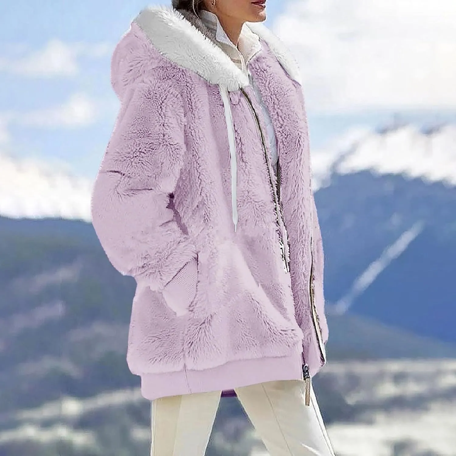 Womens Fuzzy Fleece Hooded Jackets Fall Winter Zip up Warm Outerwear Coats Casual Loose Sherpa Jacket with Pockets