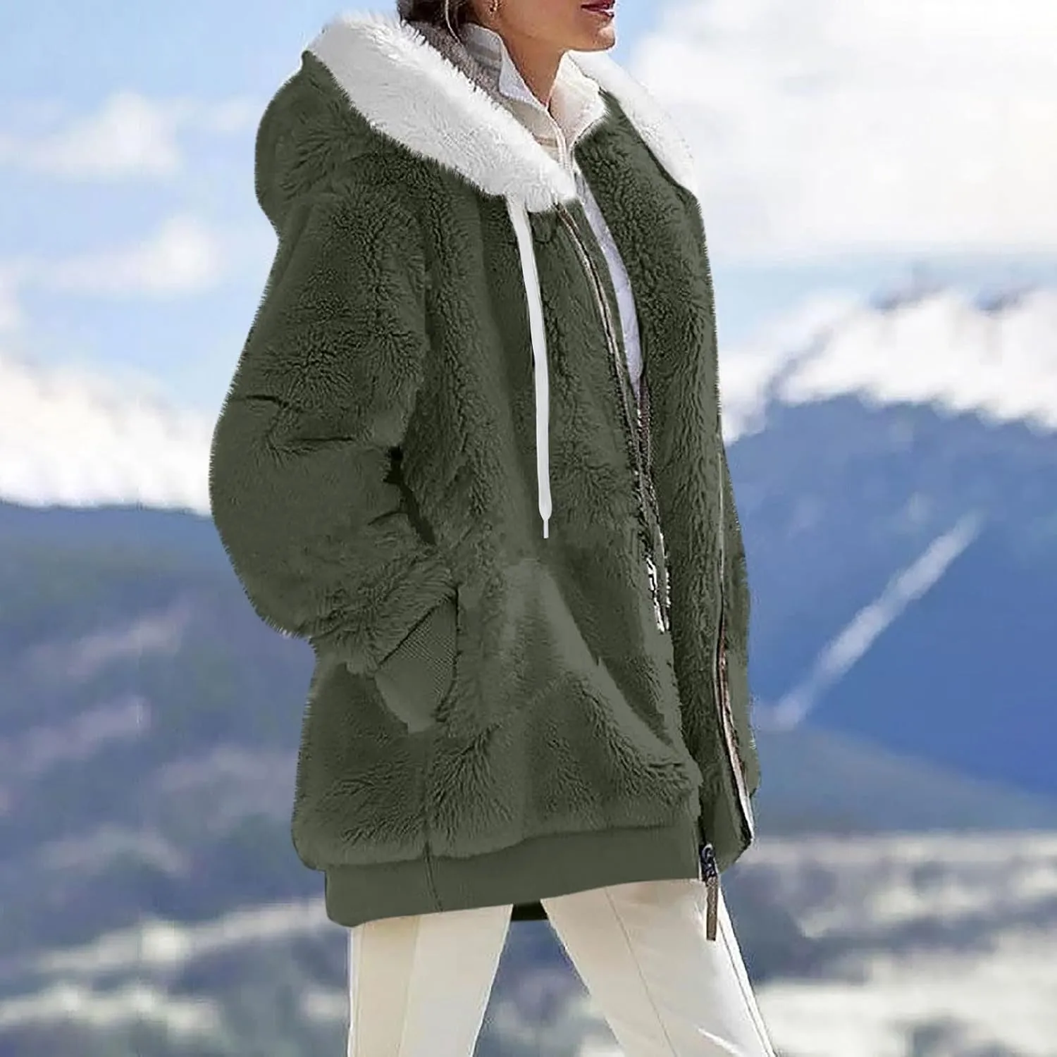 Womens Fuzzy Fleece Hooded Jackets Fall Winter Zip up Warm Outerwear Coats Casual Loose Sherpa Jacket with Pockets