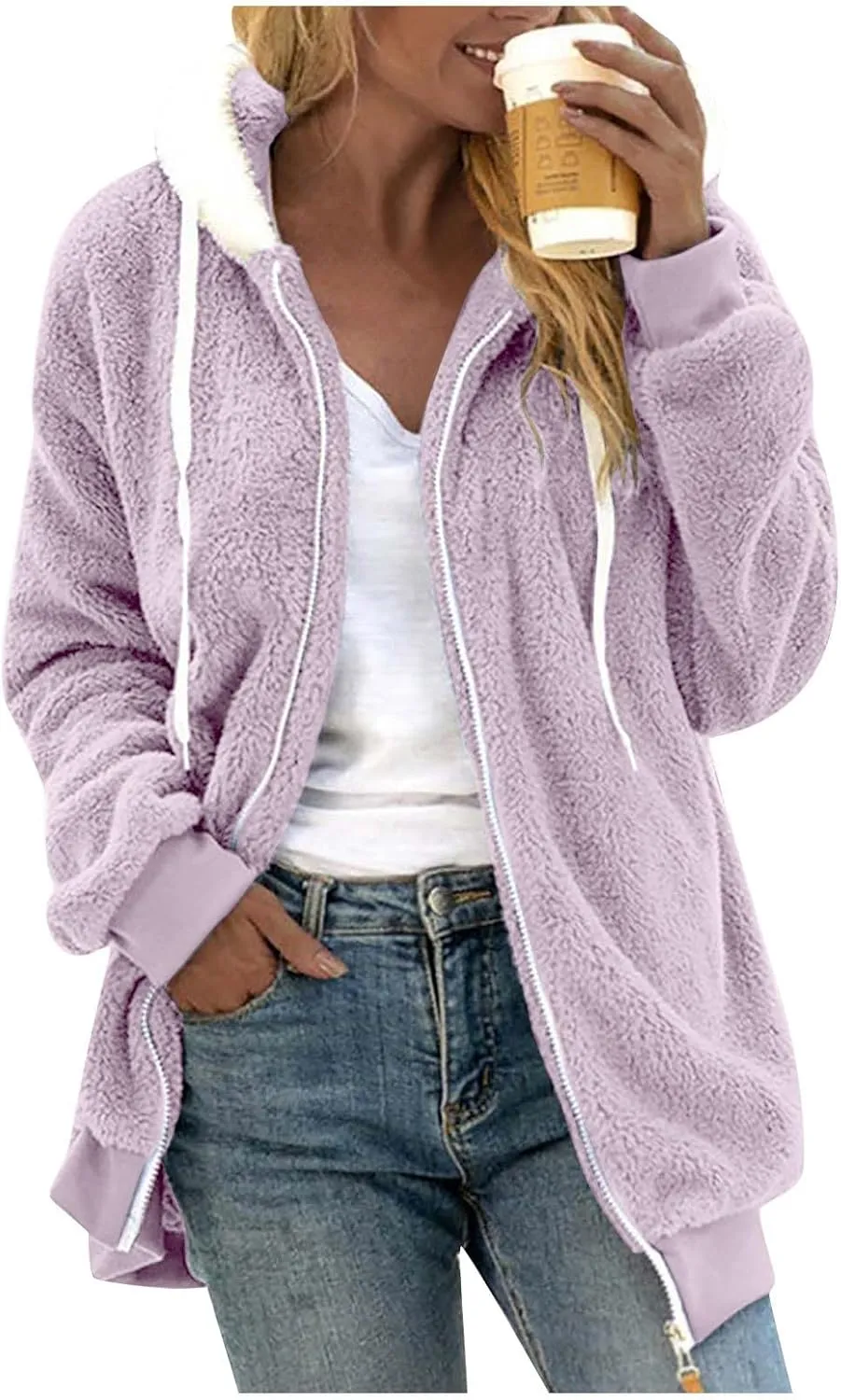 Womens Fuzzy Fleece Hooded Jackets Fall Winter Zip up Warm Outerwear Coats Casual Loose Sherpa Jacket with Pockets