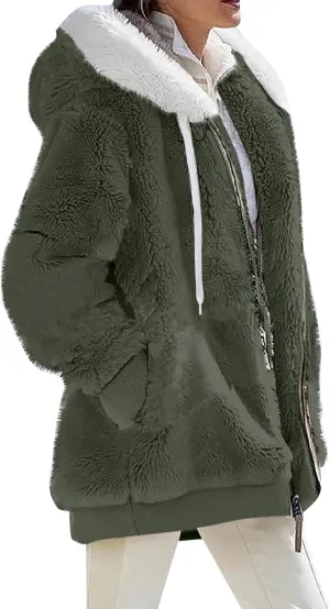 Womens Fuzzy Fleece Hooded Jackets Fall Winter Zip up Warm Outerwear Coats Casual Loose Sherpa Jacket with Pockets