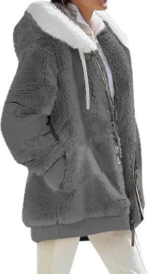Womens Fuzzy Fleece Hooded Jackets Fall Winter Zip up Warm Outerwear Coats Casual Loose Sherpa Jacket with Pockets
