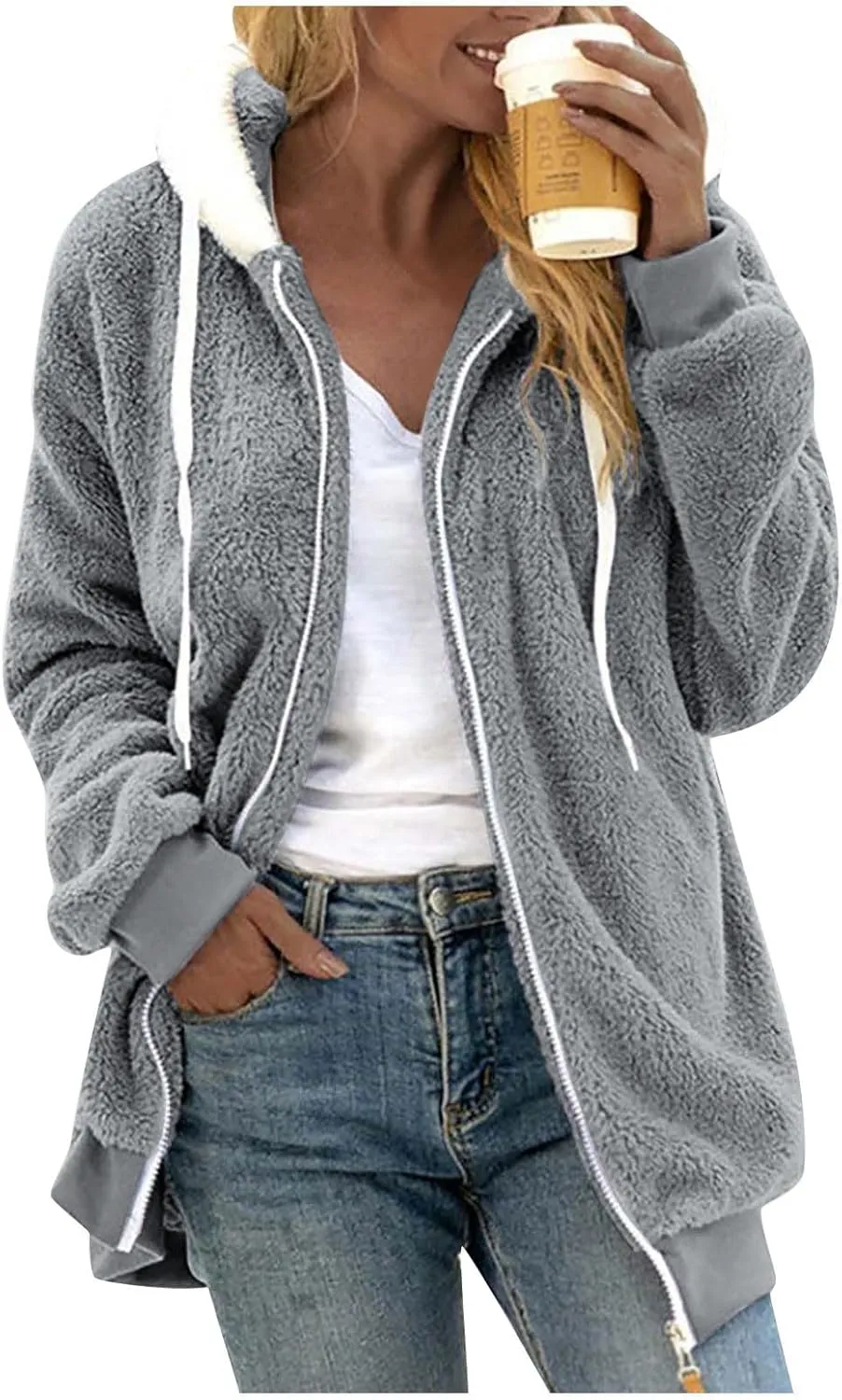 Womens Fuzzy Fleece Hooded Jackets Fall Winter Zip up Warm Outerwear Coats Casual Loose Sherpa Jacket with Pockets