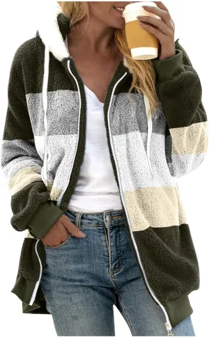 Womens Fuzzy Fleece Hooded Jackets Fall Winter Zip up Warm Outerwear Coats Casual Loose Sherpa Jacket with Pockets