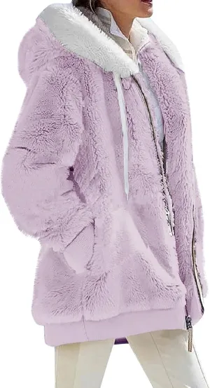 Womens Fuzzy Fleece Hooded Jackets Fall Winter Zip up Warm Outerwear Coats Casual Loose Sherpa Jacket with Pockets