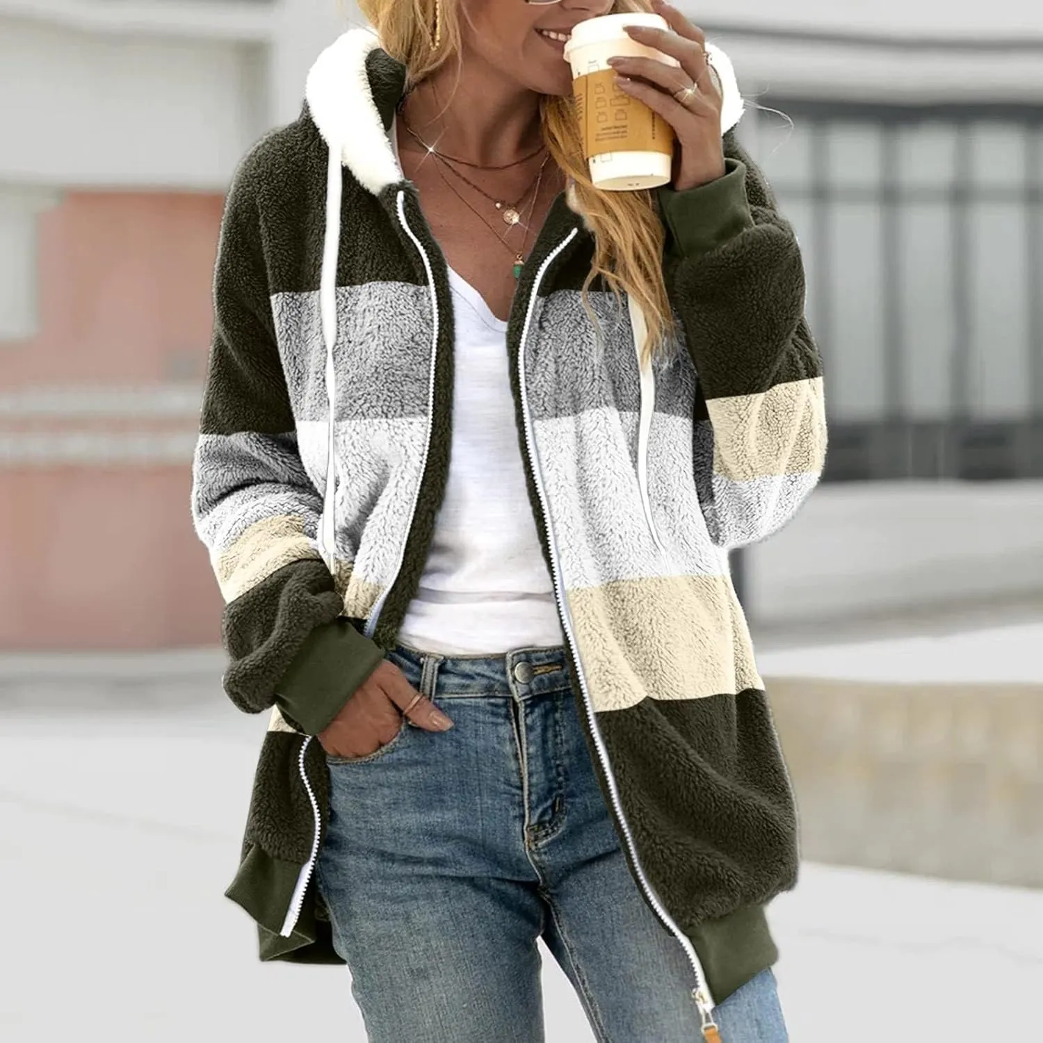 Womens Fuzzy Fleece Hooded Jackets Fall Winter Zip up Warm Outerwear Coats Casual Loose Sherpa Jacket with Pockets