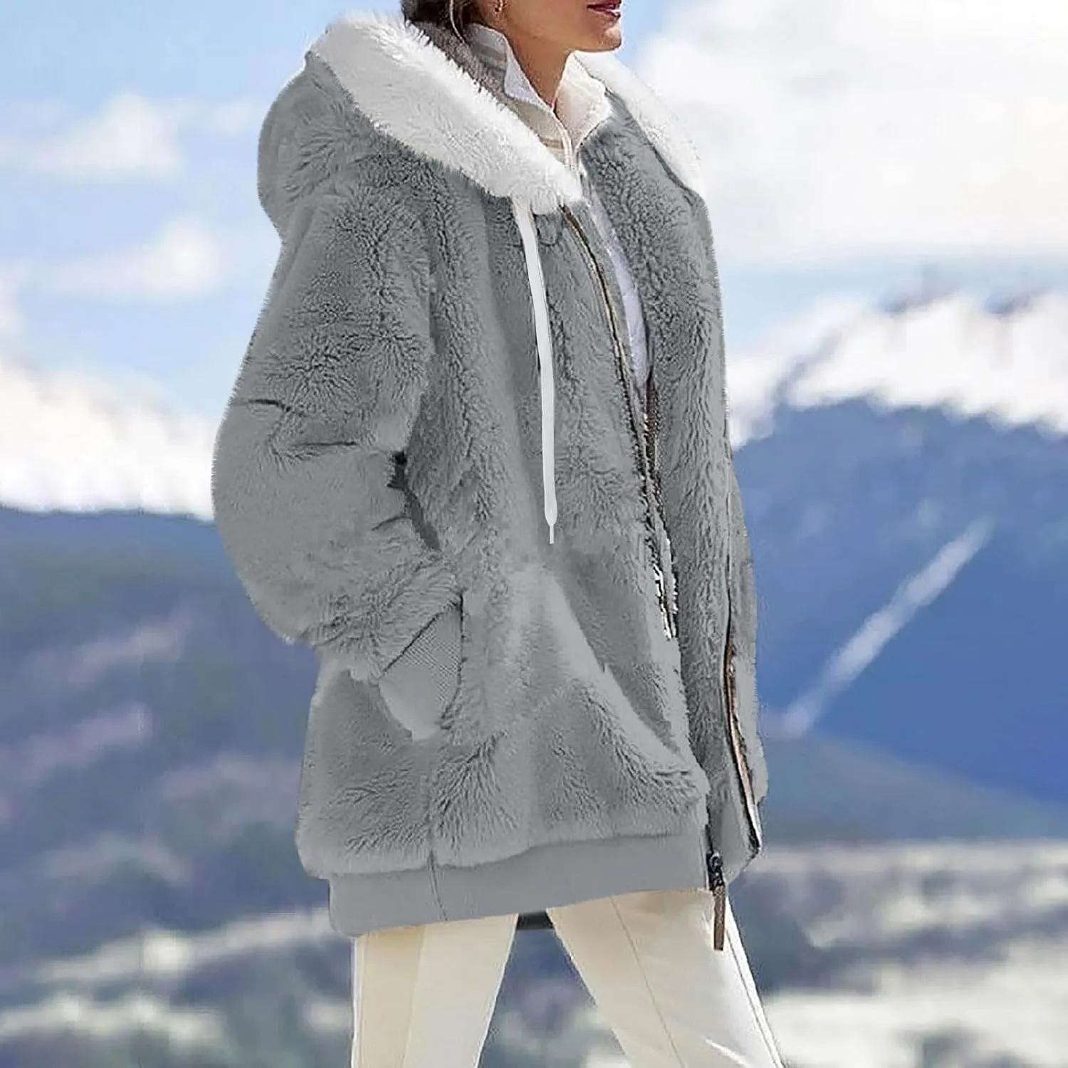 Womens Fuzzy Fleece Hooded Jackets Fall Winter Zip up Warm Outerwear Coats Casual Loose Sherpa Jacket with Pockets