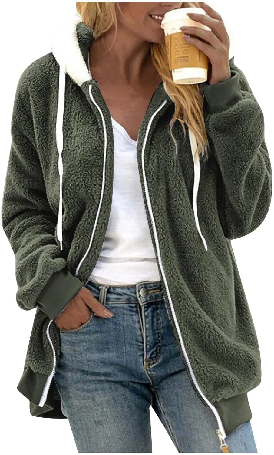 Womens Fuzzy Fleece Hooded Jackets Fall Winter Zip up Warm Outerwear Coats Casual Loose Sherpa Jacket with Pockets