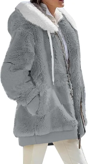 Womens Fuzzy Fleece Hooded Jackets Fall Winter Zip up Warm Outerwear Coats Casual Loose Sherpa Jacket with Pockets