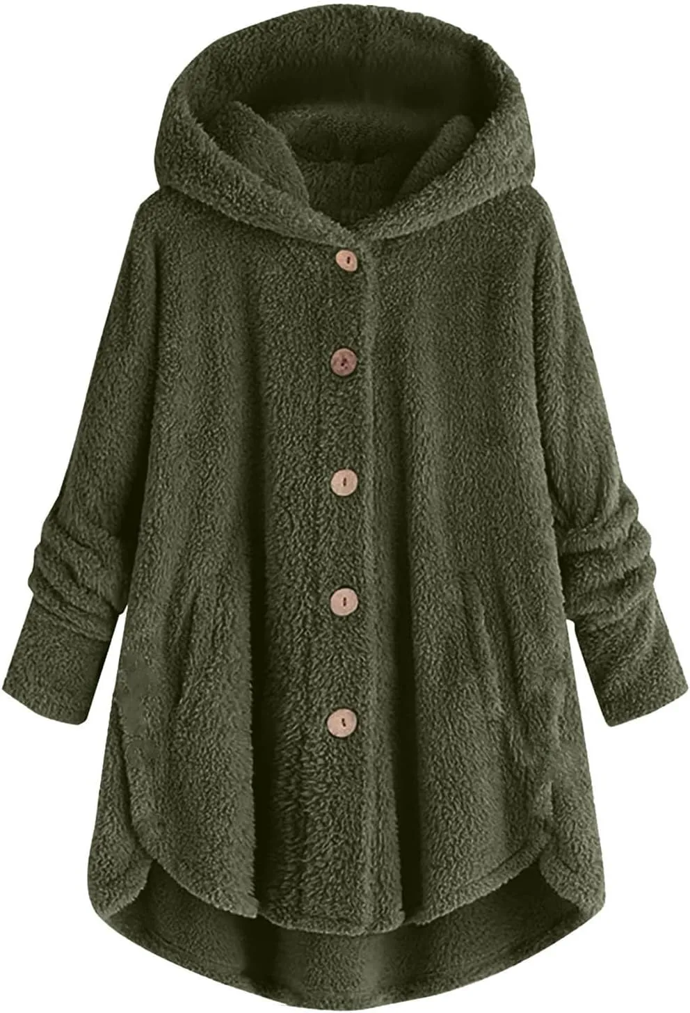 Womens Fuzzy Sherpa Hooded Jacket Shaggy Fleece Soft Warm Coat Loose Fit Long Sleeve Button Down Cardigan Sweaters