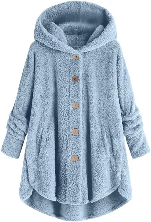 Womens Fuzzy Sherpa Hooded Jacket Shaggy Fleece Soft Warm Coat Loose Fit Long Sleeve Button Down Cardigan Sweaters