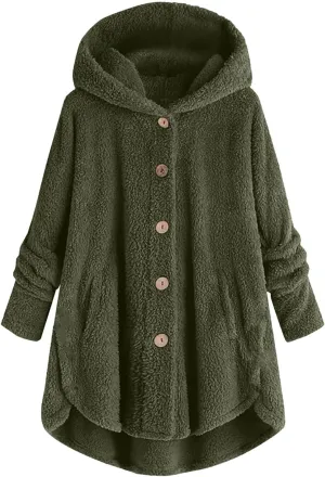 Womens Fuzzy Sherpa Hooded Jacket Shaggy Fleece Soft Warm Coat Loose Fit Long Sleeve Button Down Cardigan Sweaters