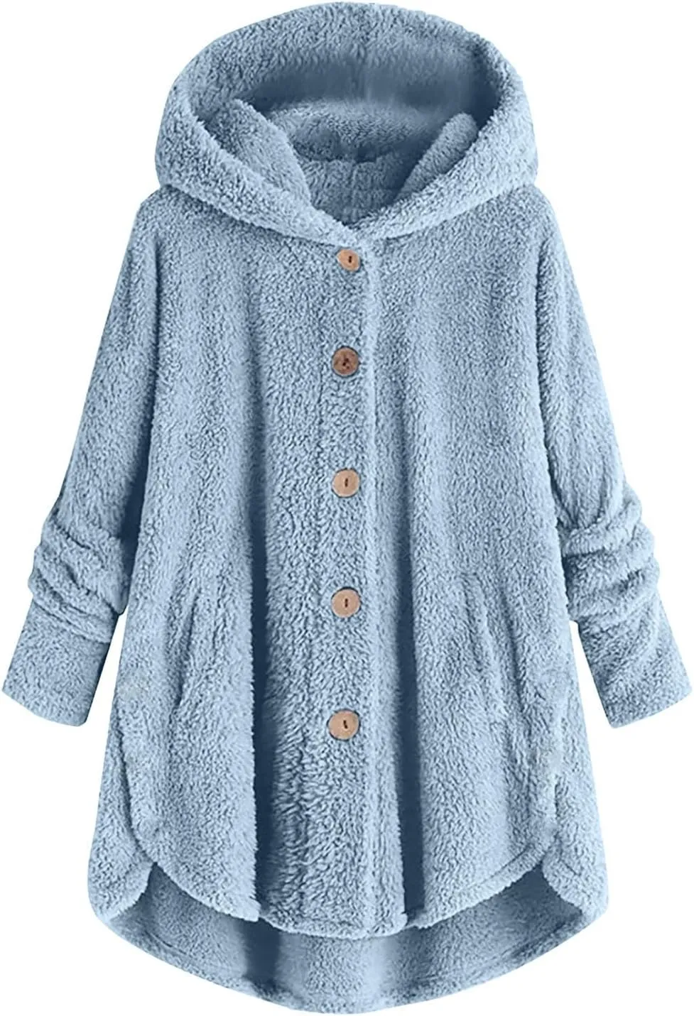 Womens Fuzzy Sherpa Hooded Jacket Shaggy Fleece Soft Warm Coat Loose Fit Long Sleeve Button Down Cardigan Sweaters