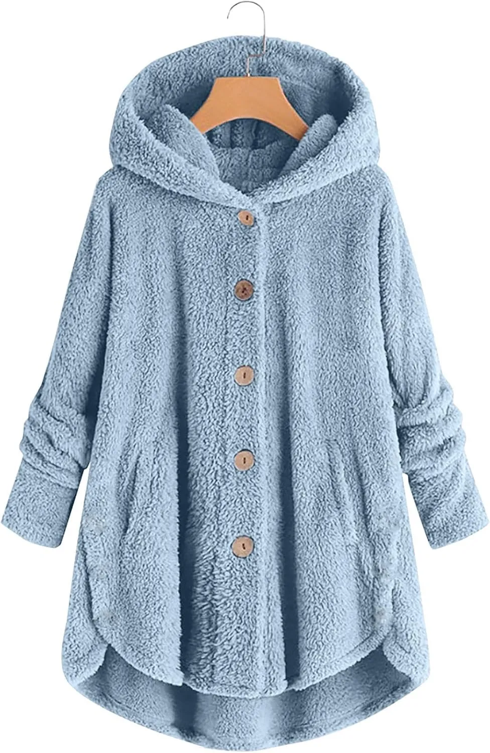 Womens Fuzzy Sherpa Hooded Jacket Shaggy Fleece Soft Warm Coat Loose Fit Long Sleeve Button Down Cardigan Sweaters