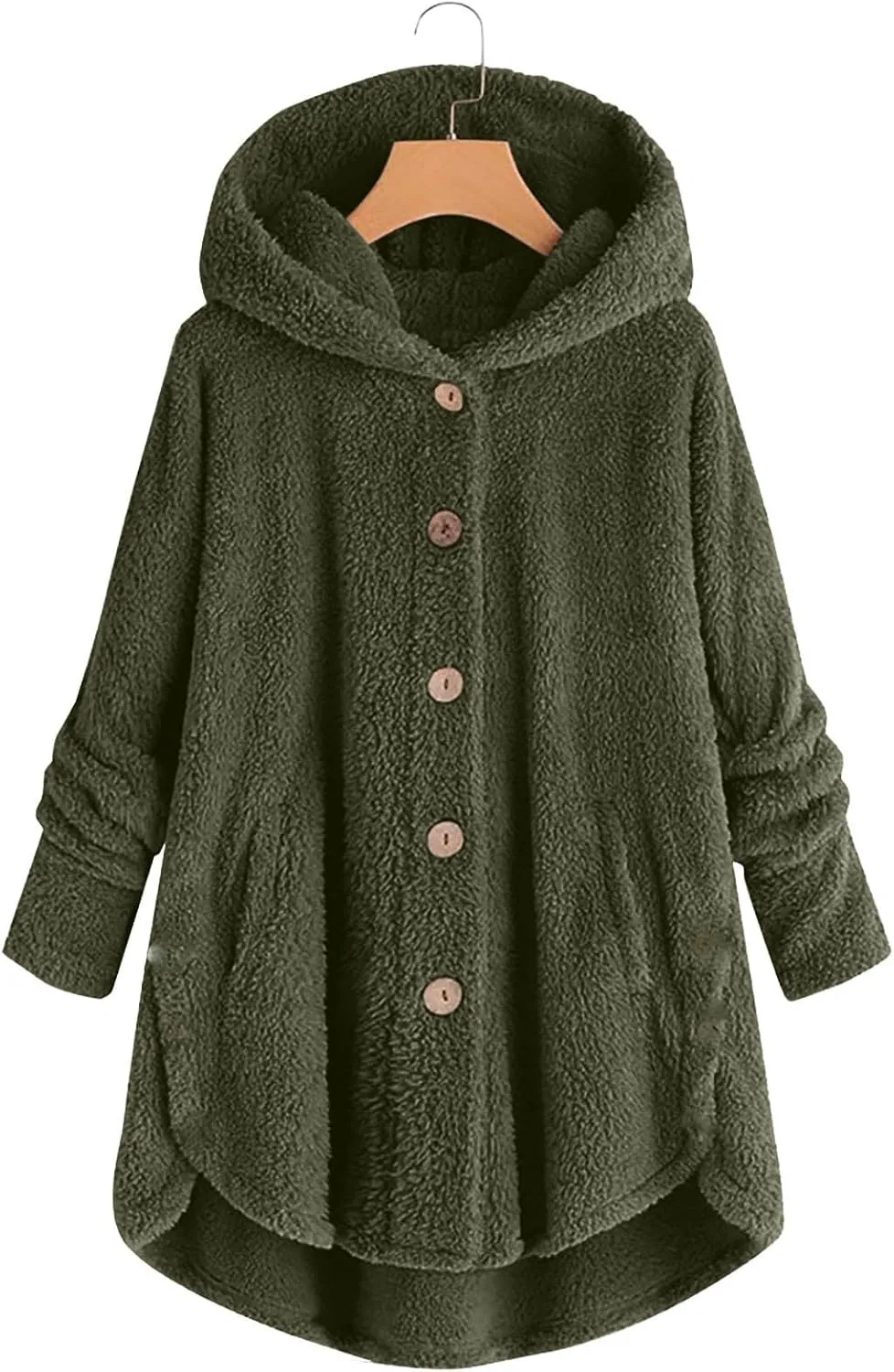 Womens Fuzzy Sherpa Hooded Jacket Shaggy Fleece Soft Warm Coat Loose Fit Long Sleeve Button Down Cardigan Sweaters