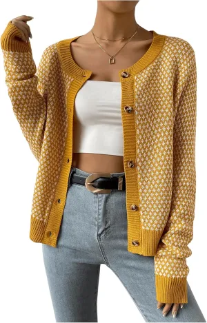 Women's Graphic Button Down Cardigan Color Block Crewneck Long Sleeve Knit Sweaters