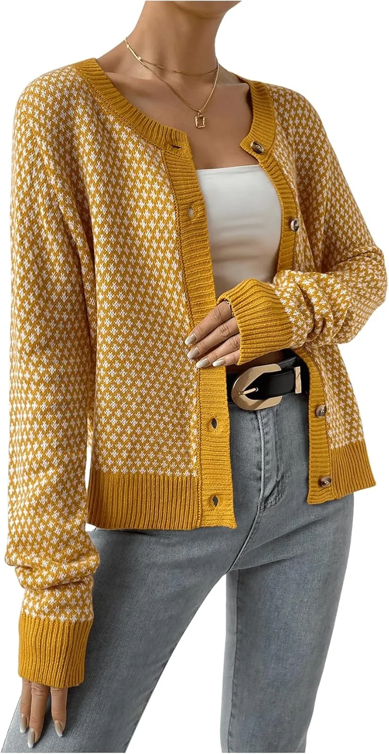 Women's Graphic Button Down Cardigan Color Block Crewneck Long Sleeve Knit Sweaters