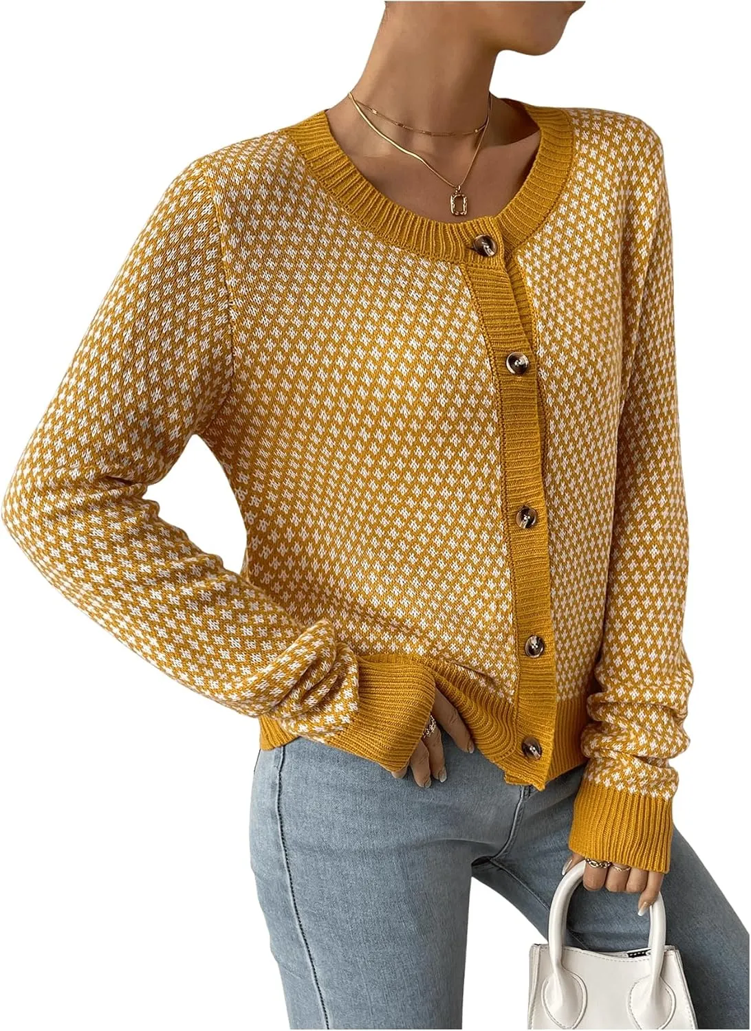Women's Graphic Button Down Cardigan Color Block Crewneck Long Sleeve Knit Sweaters