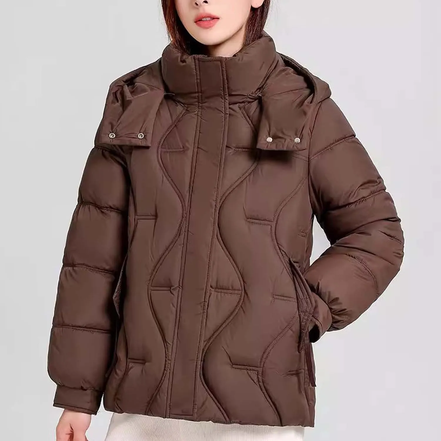 Women's Hooded Puffer Jacket Plus Size Lightweight Zip Up Quilted Down Jacket Winter Warm Puffer Outwear with Pockets