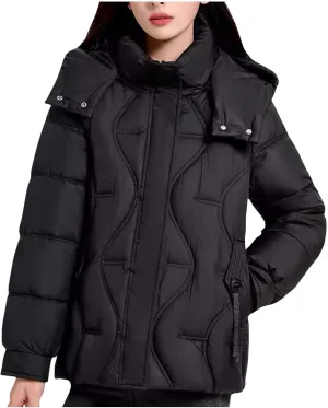 Women's Hooded Puffer Jacket Plus Size Lightweight Zip Up Quilted Down Jacket Winter Warm Puffer Outwear with Pockets