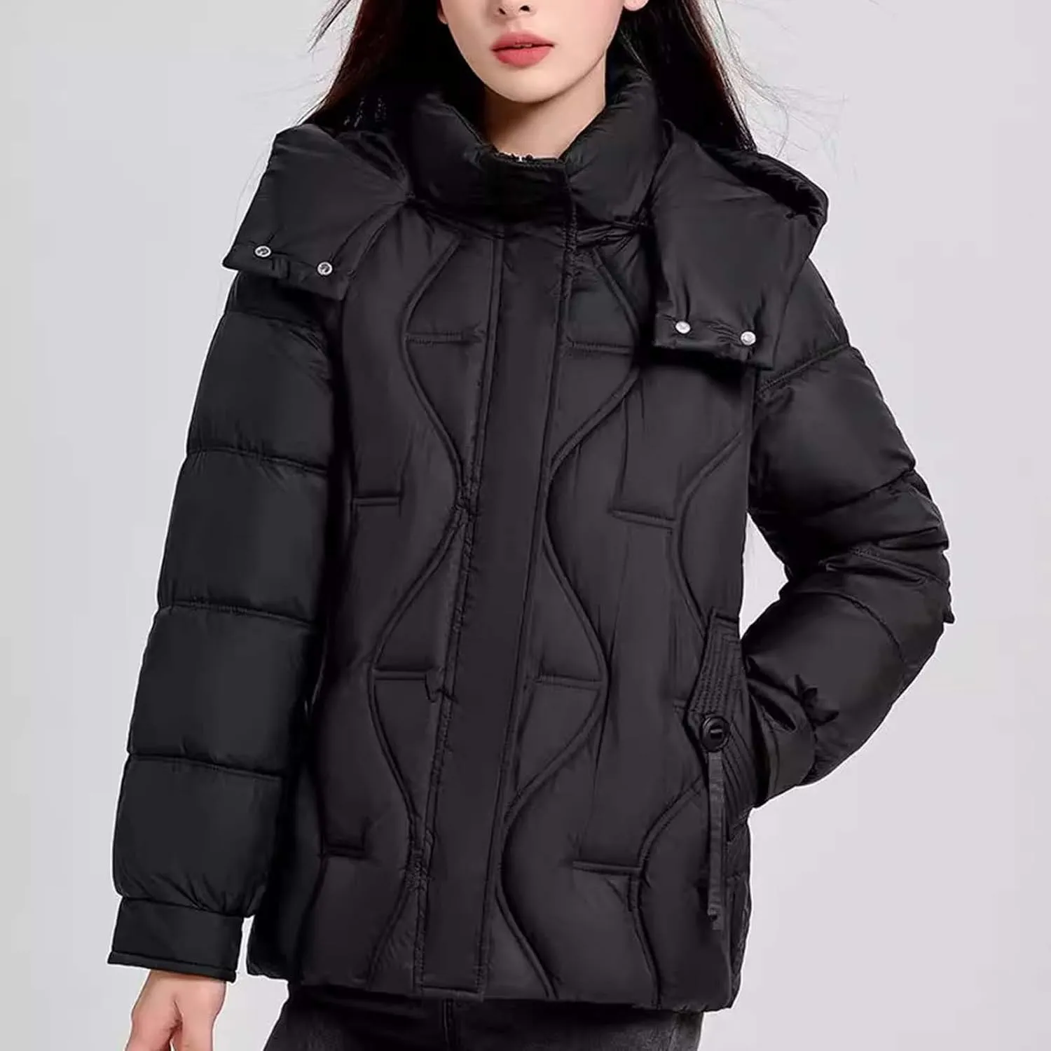 Women's Hooded Puffer Jacket Plus Size Lightweight Zip Up Quilted Down Jacket Winter Warm Puffer Outwear with Pockets