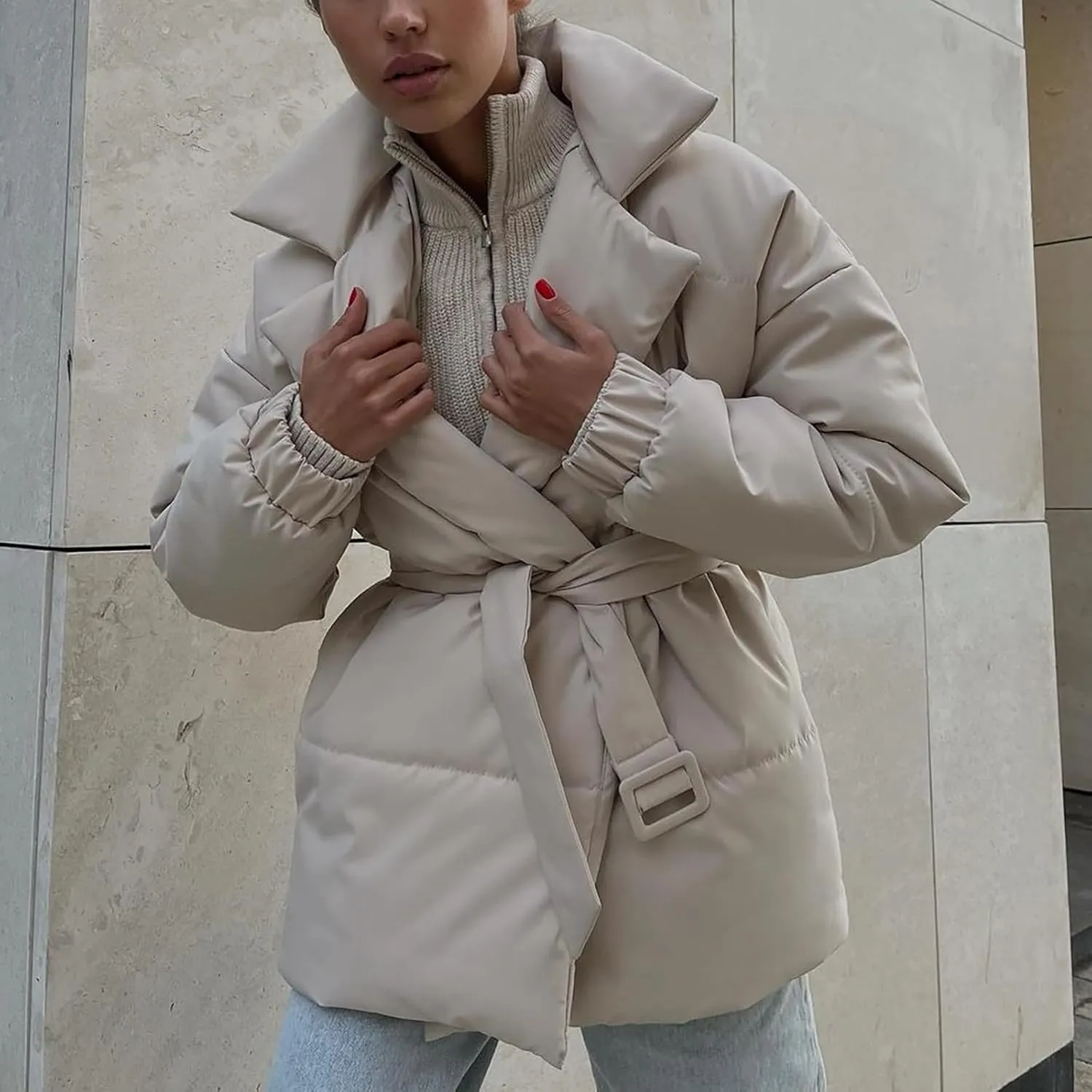 Womens Hooded Quilted Puffer Jacket Mid-Length Padded Warm Winter Heavyweight Coat Outerwear with Belt