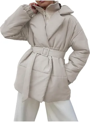 Womens Hooded Quilted Puffer Jacket Mid-Length Padded Warm Winter Heavyweight Coat Outerwear with Belt